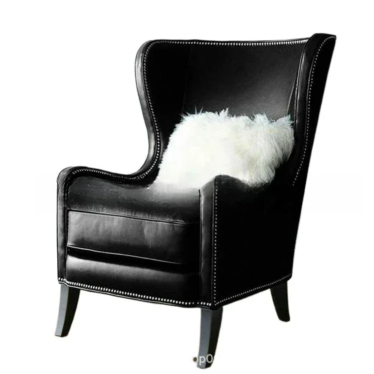 

American country solid wood single sofa, leather soft bag tiger chair living room leisure, high back sofa chair