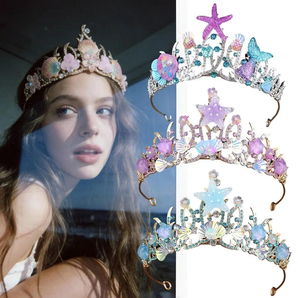 Sparkling Stars Crystal Shell Mermaid Sea Star Crown Tiara Headband Hair Accessories Handmade Bridal Crown