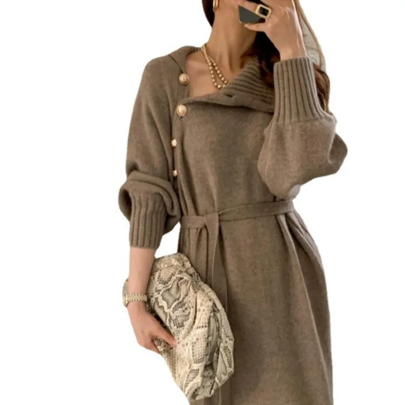 Novo vestido longo de malha gola alta camada base na altura do joelho estilo francês outono inverno vestido de malha artístico retro estilo chinês