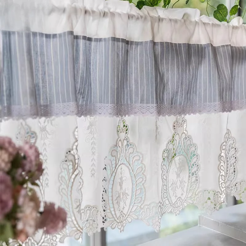 Elegant Striped Half Curtain Pure White Embroidery American Nordic Short Partition Decor for Door Cabinet Indoor Home Decoration