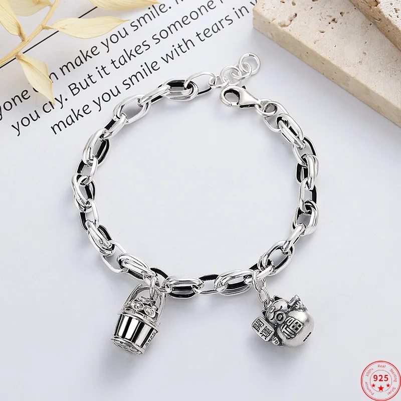 S925 Sterling Silver Bracelets for Women Men Retro Fortune Cat Charm Creative Hand String Bangle Fashion Jewelry Wholesale
