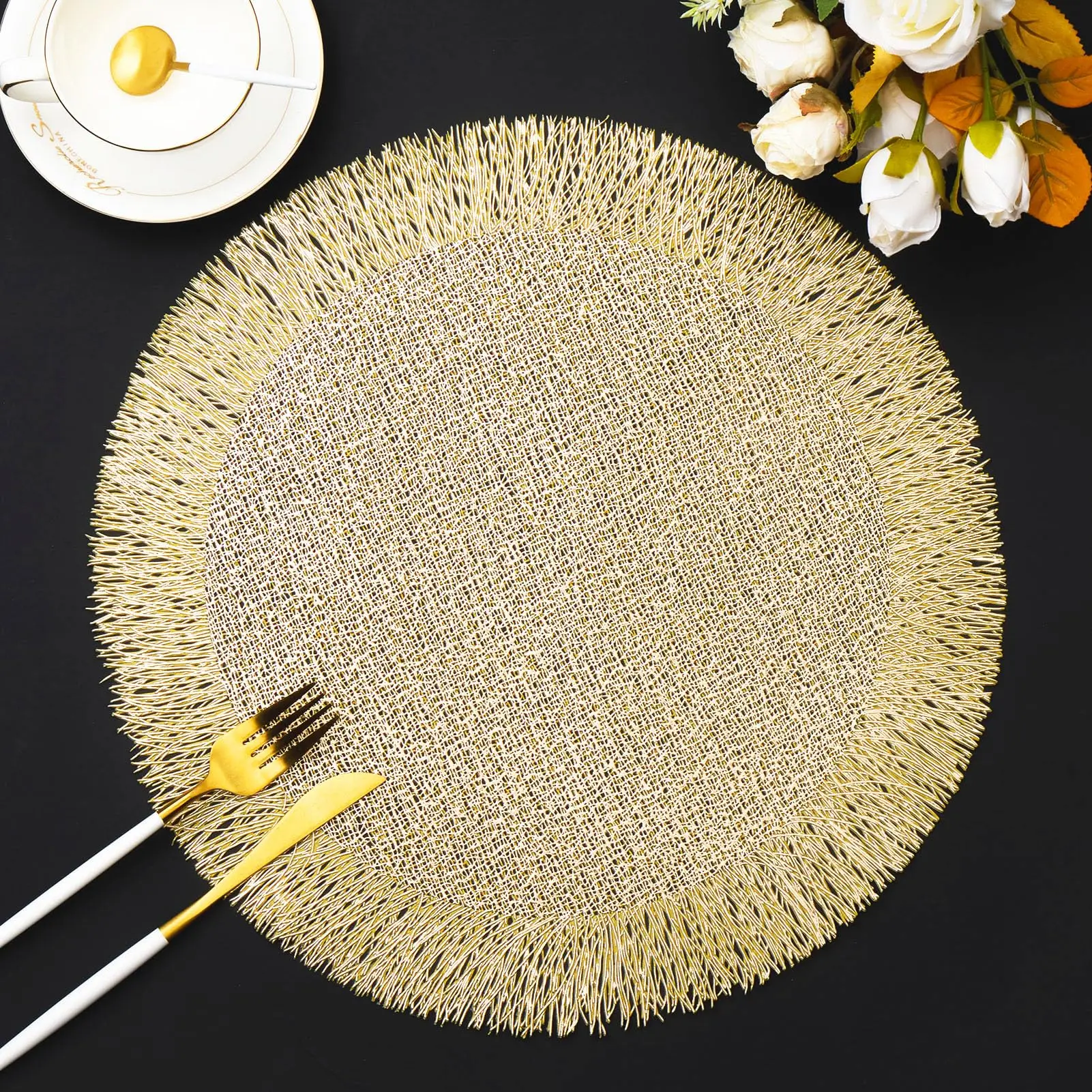 

15 Inch Round Hollow Out Table Placemats Pressed Vinyl Metallic Table Mats Waterproof Placemats for Dining Table Wedding Party
