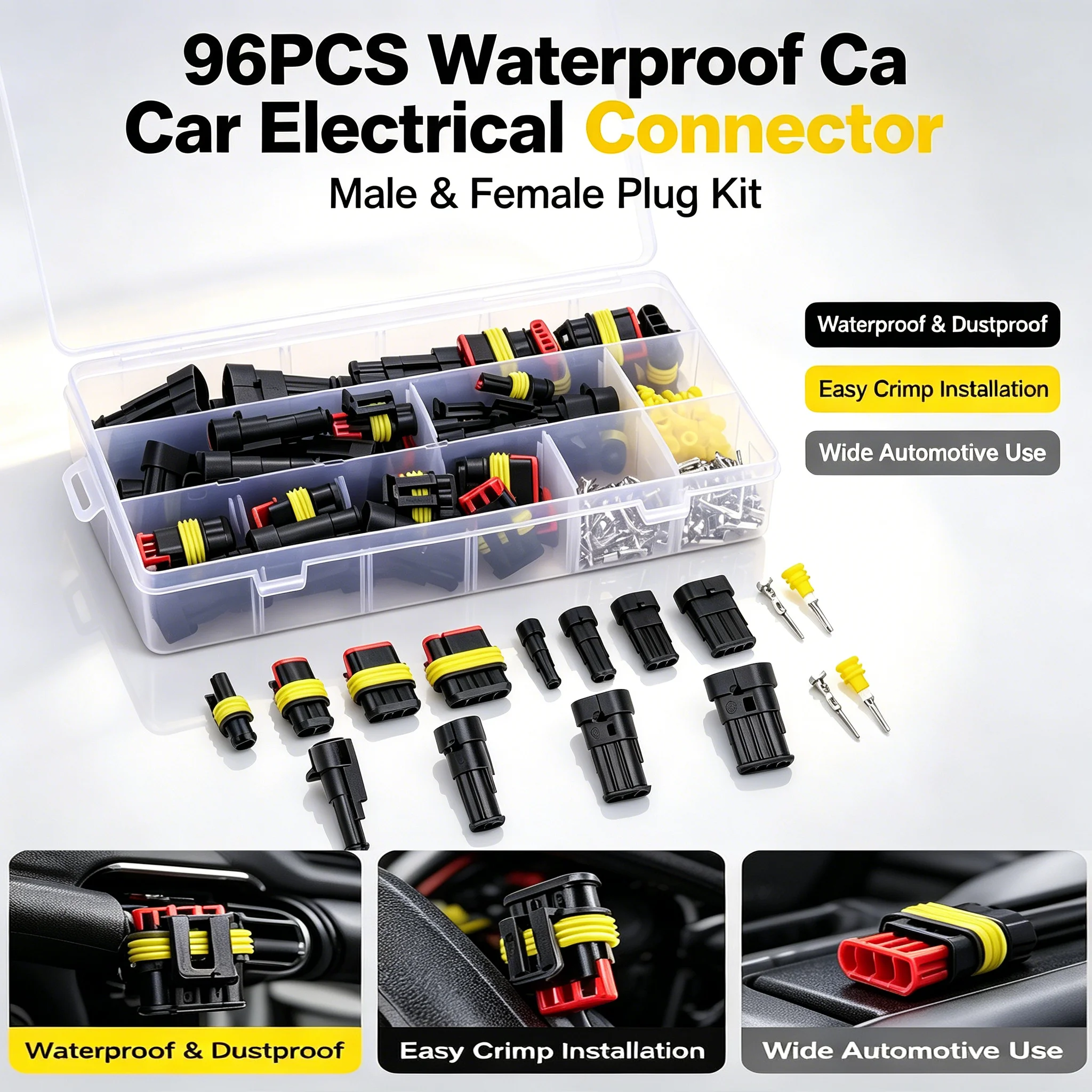 96PCS Waterproof Automotive Electrical Connector Kit Male Female Car Wire Plug Terminal Assortment Set