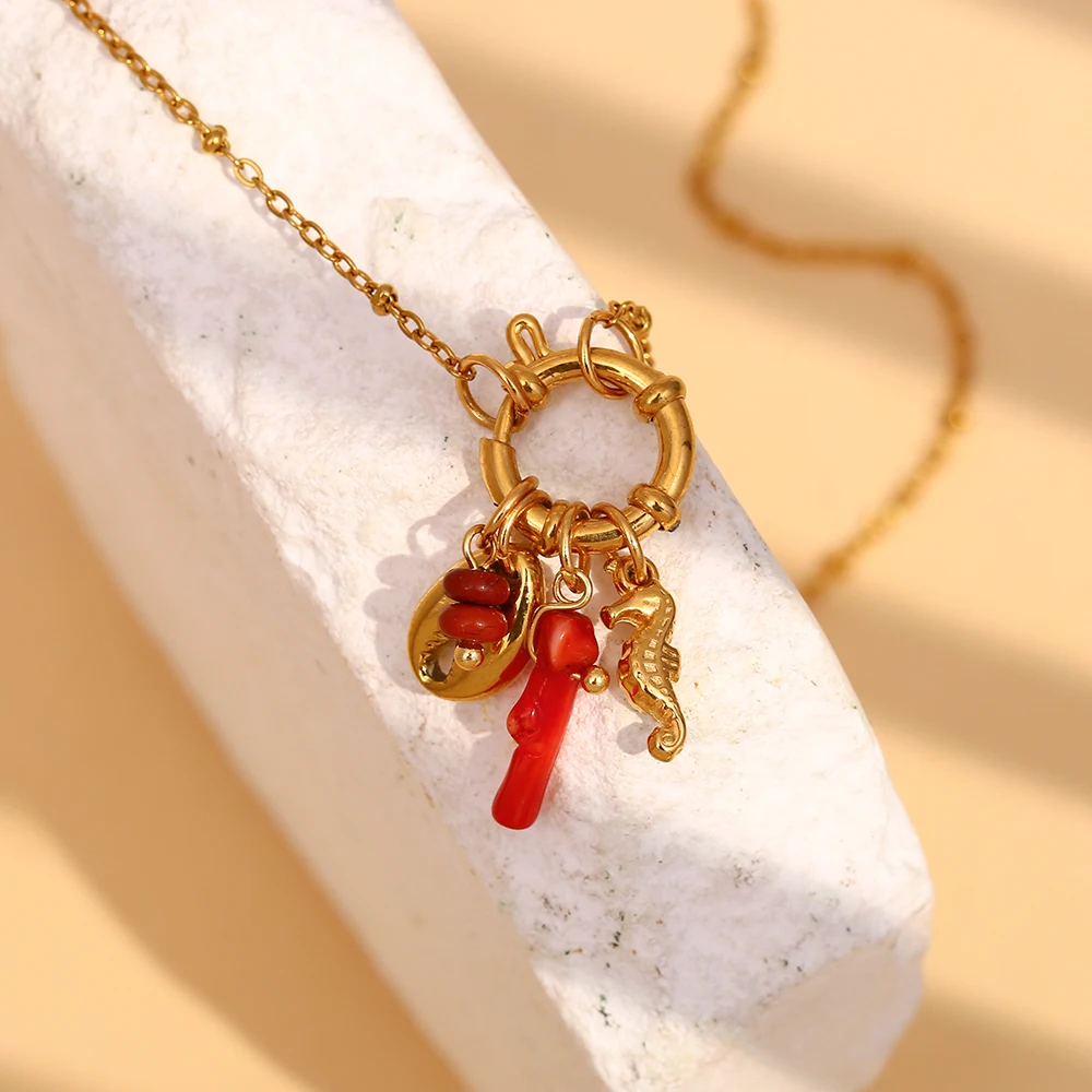 

E.B.belle Ocean Style Seahorse Shell Pendant Necklace Gold Plated Stainless Steel Spring Buckle Handmade DIY Women Neck Jewelry