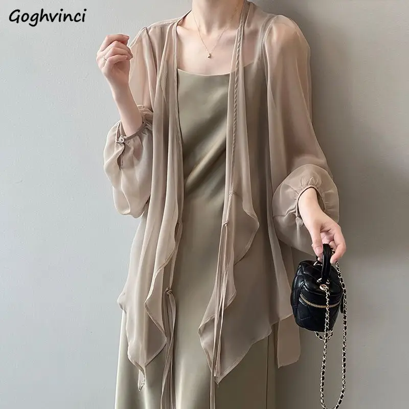 Sun Protective Clothing Women Breathable Simple Korean Style Thin Long Sleeve All-match Summer Lace-up Elegant Chic Outerwear