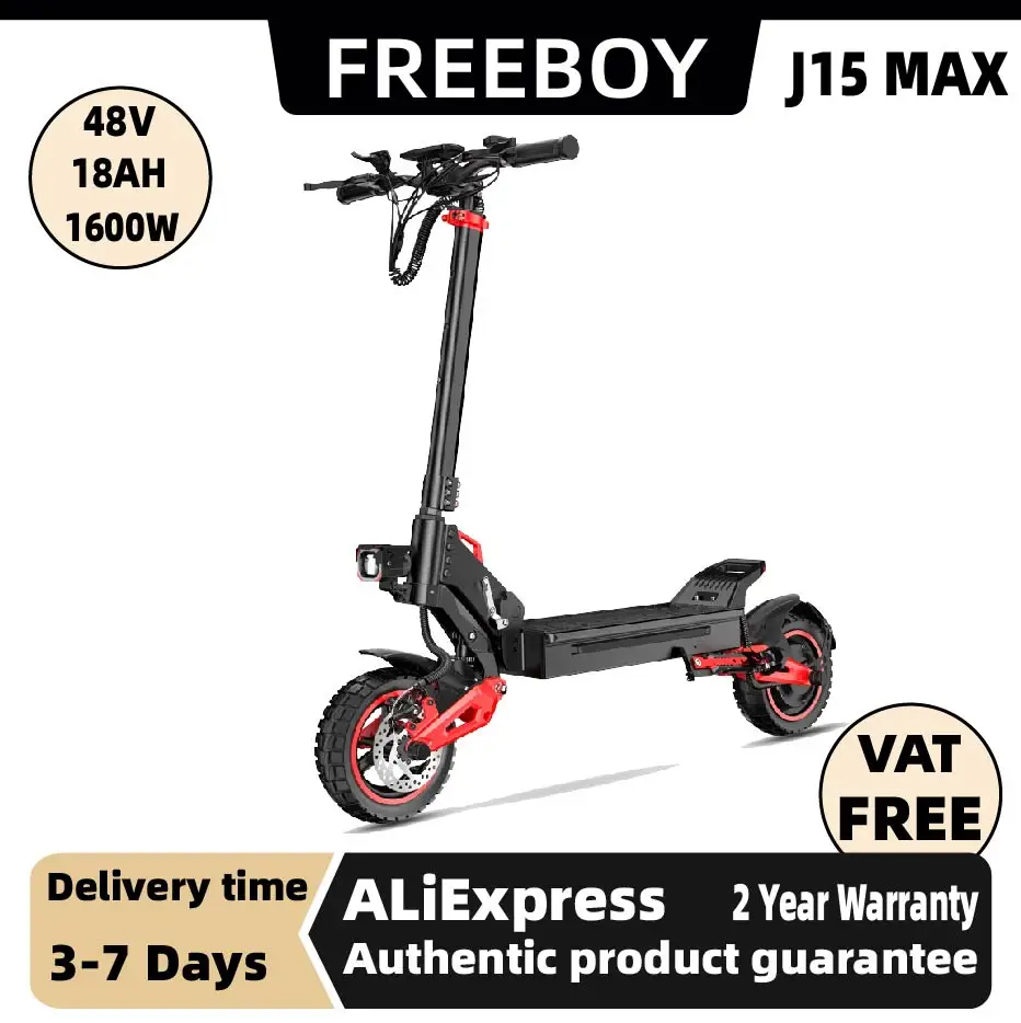 

FREEBOY J15 MAX Adult Electric Scooter 10 Fat Tire E-Mountain Scooter 1600W Motor 48V 18AH Folding E-Scooter