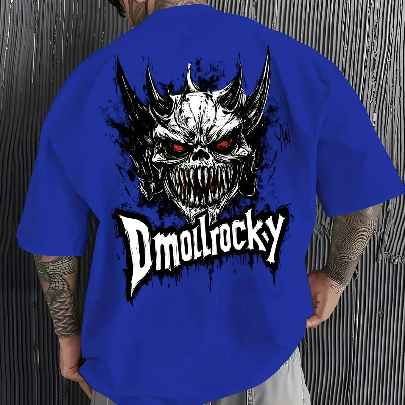تي شيرت صيفي بنمط معدني ثقيل على الطراز القوطي للرجال - تي شيرت على طراز الشارع، جمجمة الشيطان ذات العيون الحمراء وطباعة جرافيتي DMOLROY