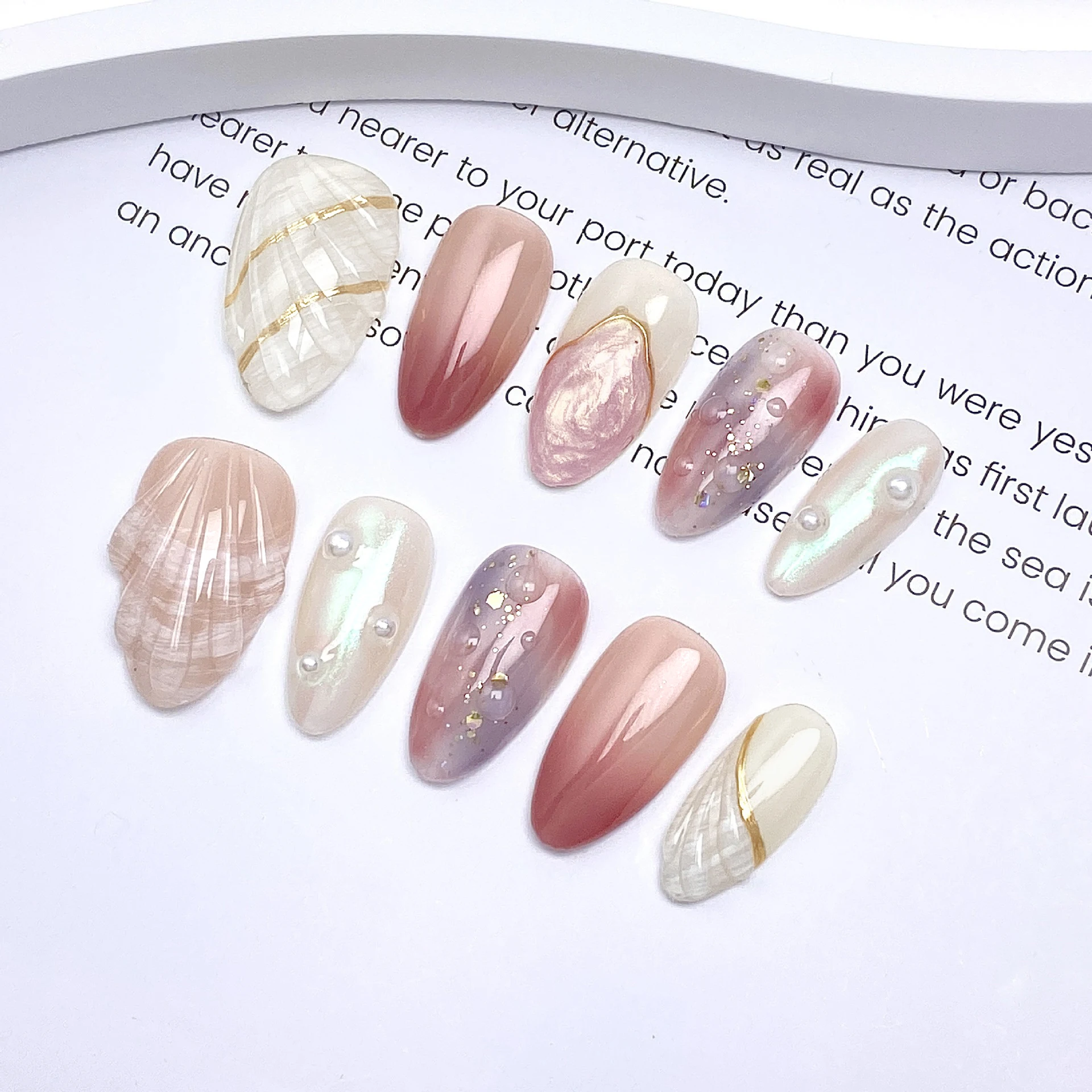 10pcs Fantasy Purple Pink Handmade Nails Tips Flower Short Oval False Nail Art with Gilded Pearl Design Press on Nails Fake Nail