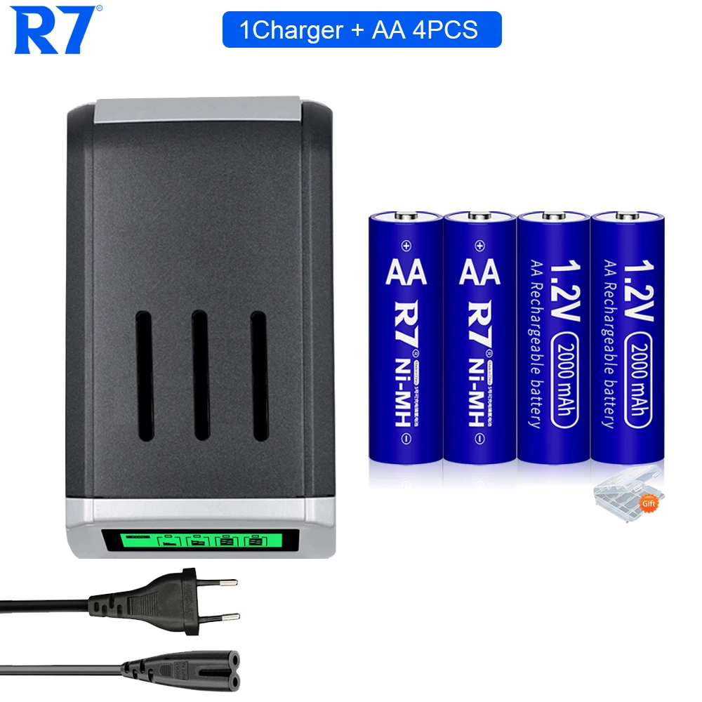 R7 4pcs AA Batteries 1.2V 2000mAh Ni-MH AA Rechargeble Battery for camera toys +4-Slot LCD Charger