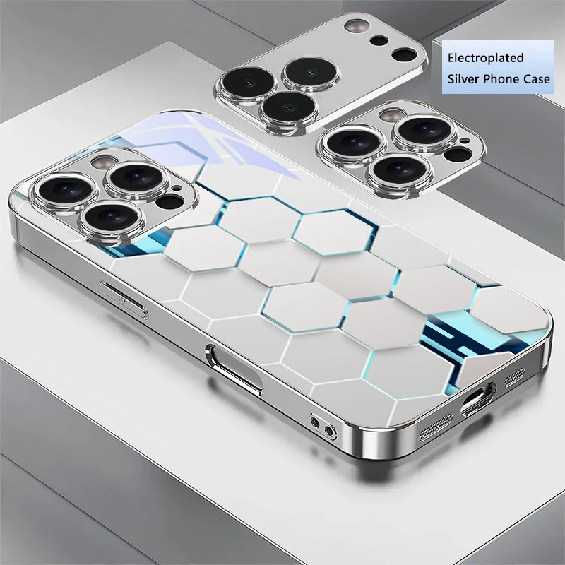 Tech Honeycomb Art Electroplated Silver Phone Case For iPhone 18 17 16 15 14 13 12 11 Pro Max Plus 16E Xr 7 8 Xs Air Glass Cover