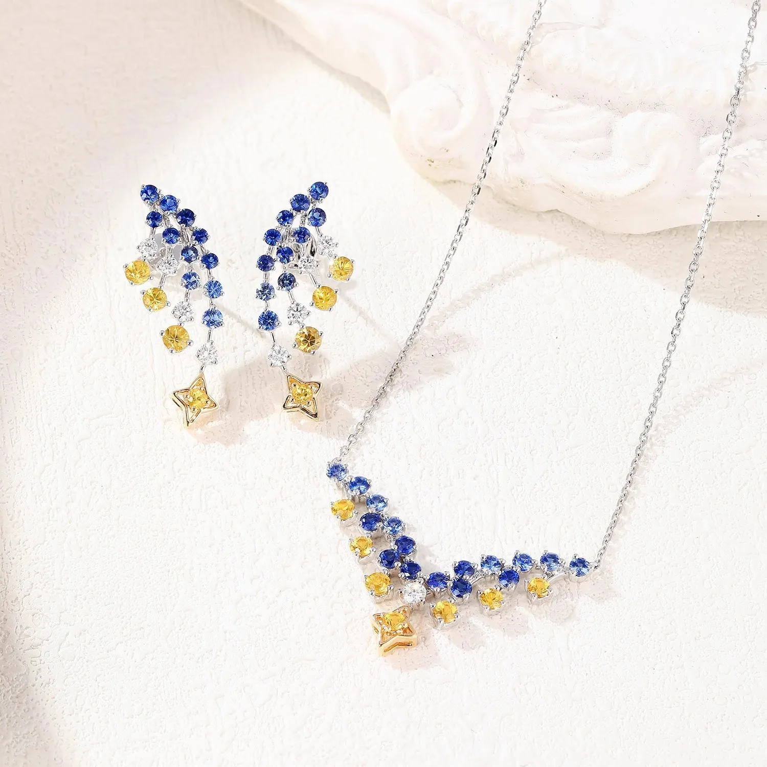 French Retro Van Gogh Star Night Design Jewelry Gradient Blue and Yellow Zircon Pendant Necklaces Earrings Rings Sets For Women