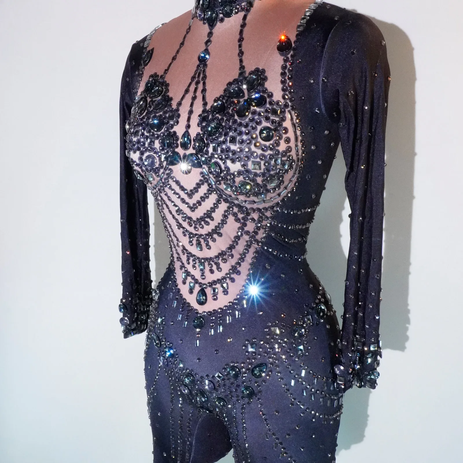 luxury sparkle long sleeve rhinestones black jumpsuit women sexy club party birthday performance Celebrate drag queen costumes