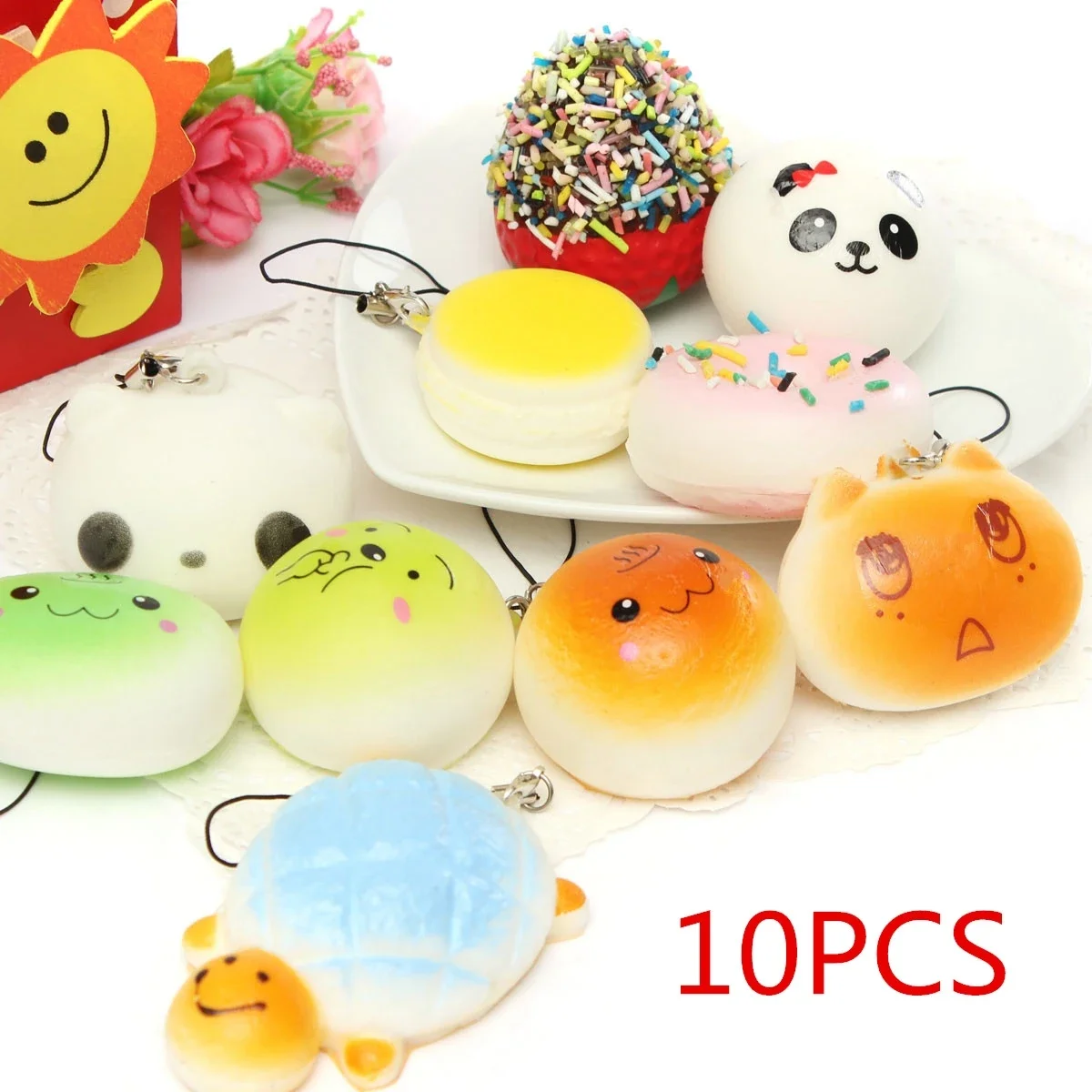 

10PCS Mini Random Squishy Soft QQ expression Bread/Donut/Buns/ Different shapes / Pendant Phone Straps