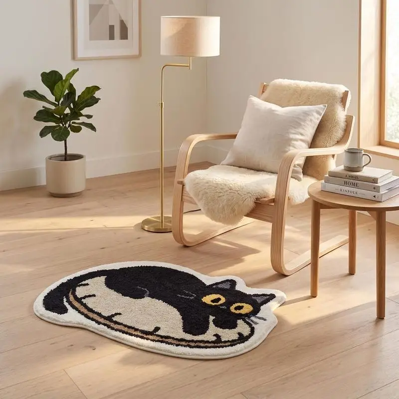 VIKAMA Black Cat Shape Bath Rug Soft Plush Irregular Floor Mat Non‑slip Absorbent Carpet For Bathroom Bedroom Home Decor