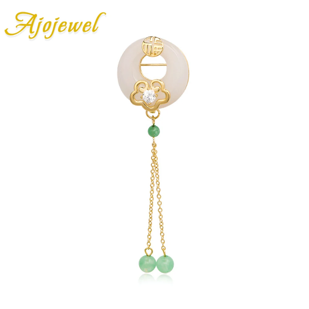 Ajojewel Chinese Traditional Design Brooch With Simulated-jade Ping Buckle Long Tassel Costume Jewelry