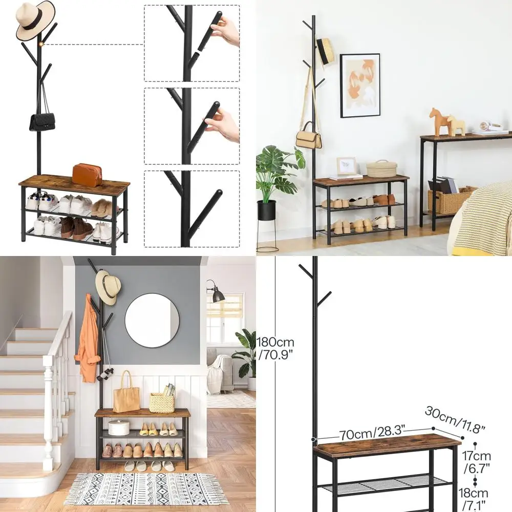 

Rustic Brown Entryway Shoe Bench with 3-Tier Storage and Mesh Shelves, Easy Assembly for Home Organization