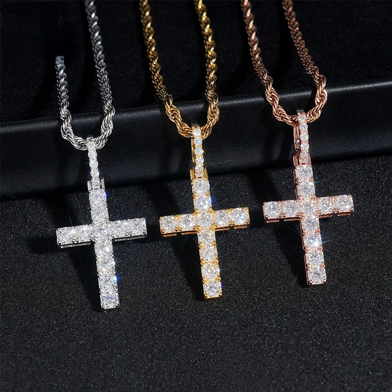 925 Sterling Silver 4mm Moissanite Cross Pendant for Men Hiphop Jewelry D Color Diamond Religious Tennis Pendant Pass Tester