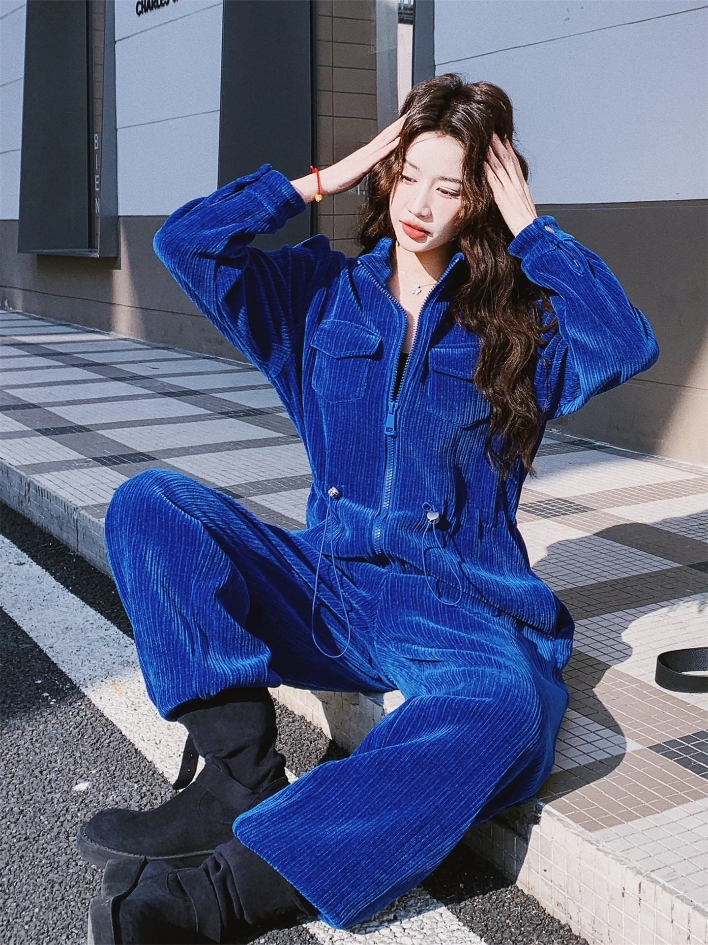 

Loose Blue Workwear Design One-Piece Pants for Women High Waist Wide Leg Spring 2026 New Sle Korean Faion