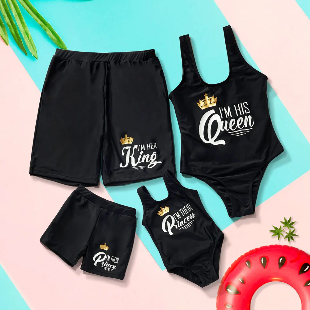 

King Queen Family Matching Swimsuits Beach Mother Daughter Swimwear Mommy and Me Bikini Dresses Clothes Father Son Swim Shorts