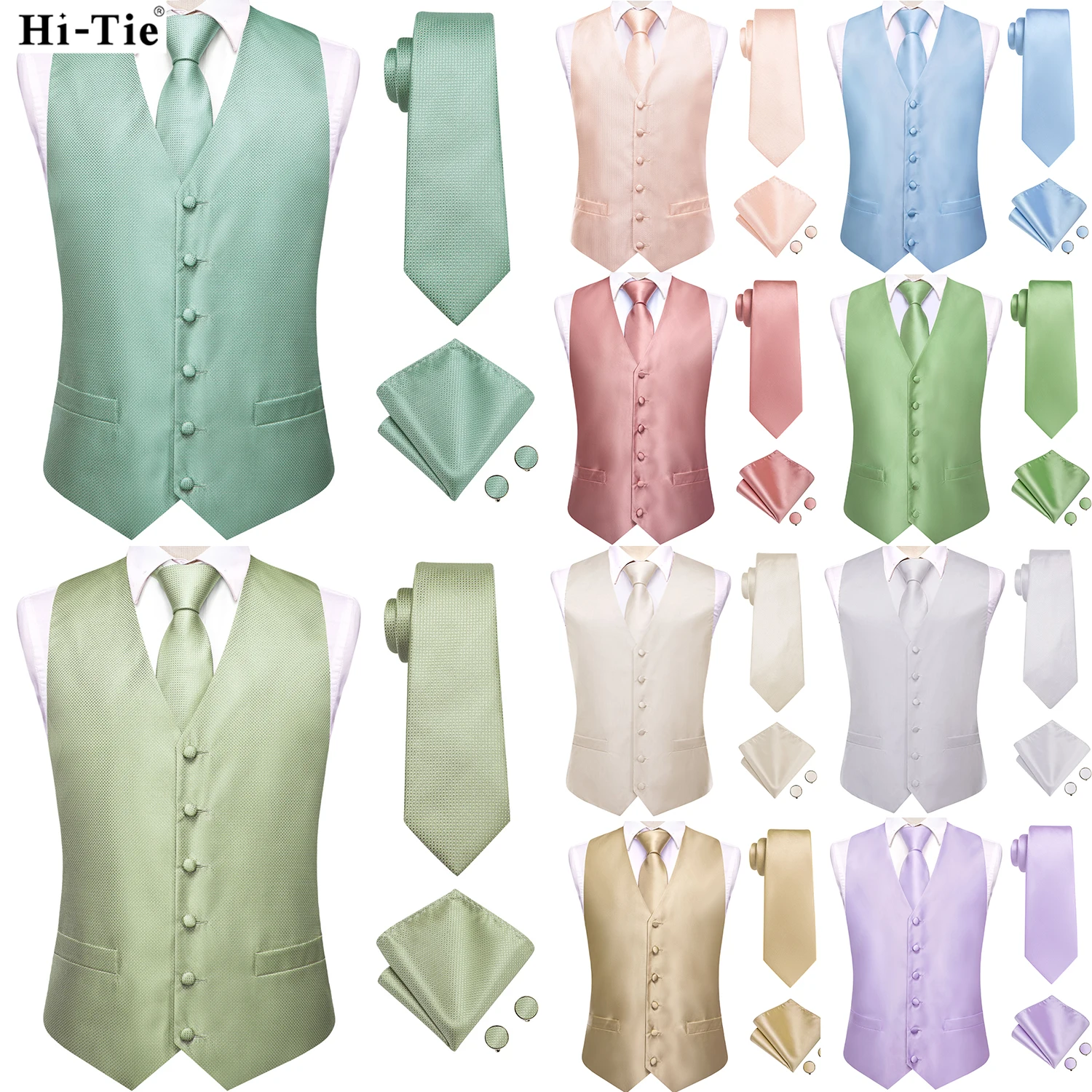 

Hi-Tie Solid Silk Mens Suit Vests 4PC Woven Sage Green Waistcoat Tie Pocket Square Cufflinks Business Wedding Dress Waist Jacket