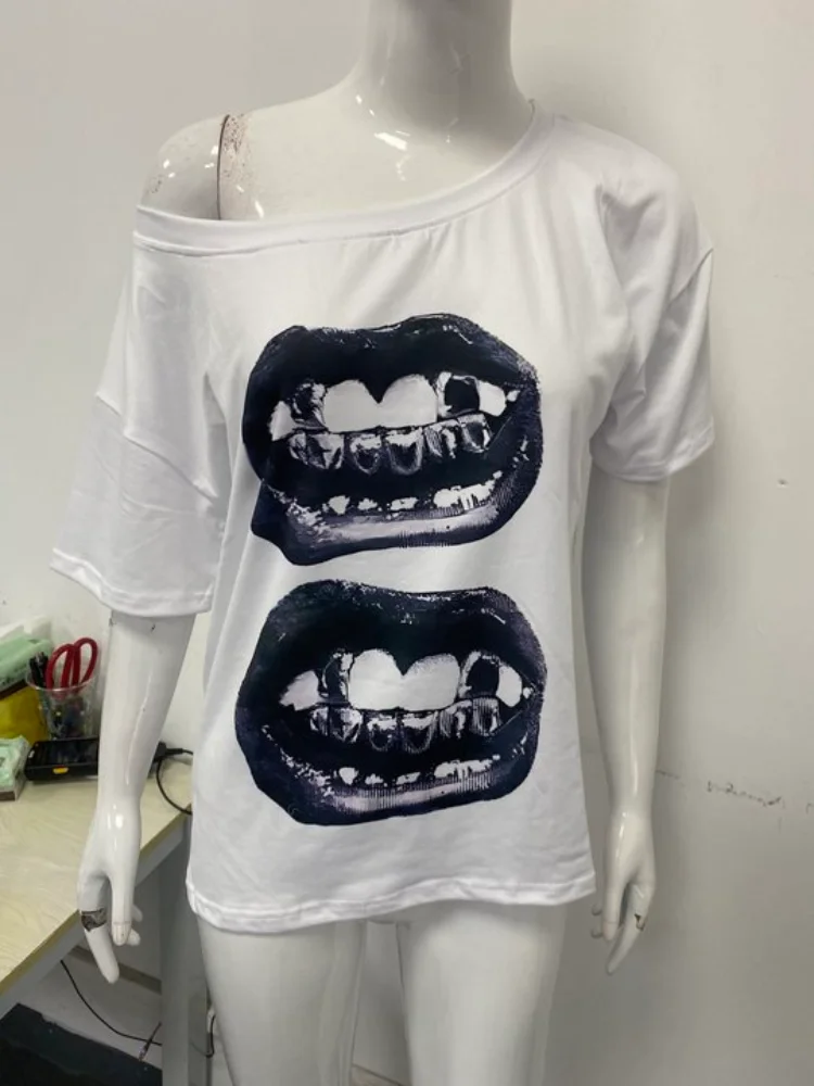 

American retro trend hip-hop lip print women's T-shirt summer Y2K original style fashionable women's top millennium style emo