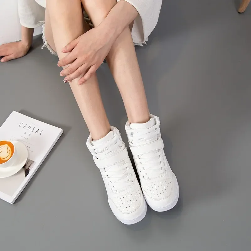 Maogu Autumn Winter Shoes PU Leather Shoe Woman High Top White Black Boots casual Women Sneakers Hidden Heel Height Increasing