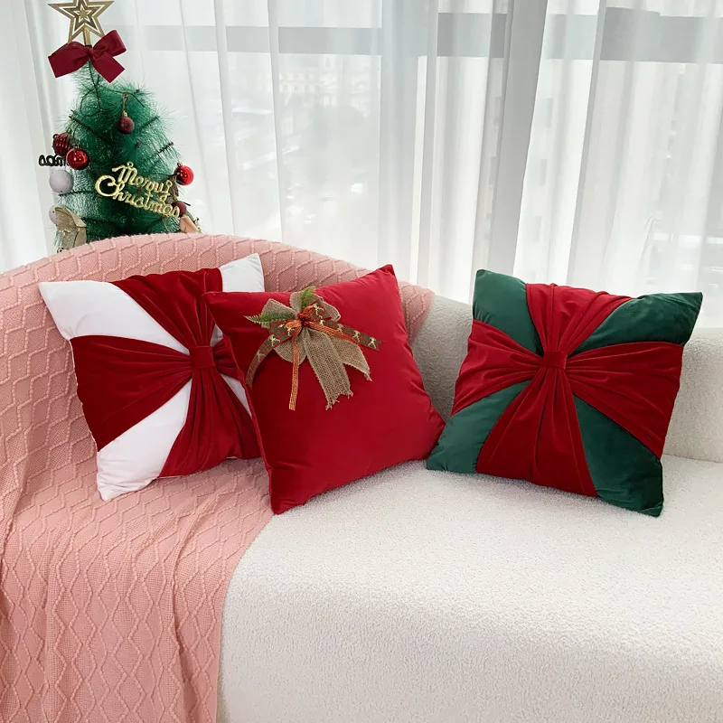 Christmas Holiday Decoration Throw Pillowcase Flannelette Bow Sofa Pillow Cover Living Room Decoration Cushion Cover 45X45