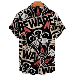 2023 Summer Hawaiian Shirt Men's 3d Animal Print Shirt Men's and Women's Angry Cat Print Short Sleeve Loose-fitting Top 5xl Unis