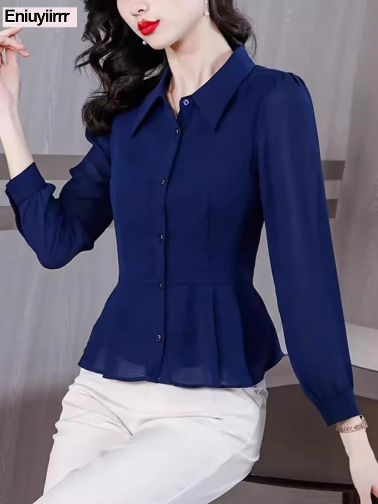 مكتب سيدة قمصان بيضاء شيك كوريا موضة ملابس طويلة الأكمام أساسيات العمل النساء الكشكشة بيبلوم بلايز البلوزات