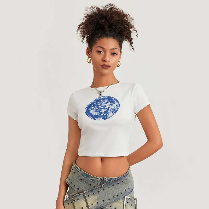 WPNAKS-camisetas de manga corta para mujer, ropa de verano con estampado de bola de discoteca, camisas de cuello redondo, Tops informales ajustados, ropa de calle