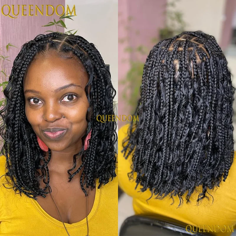 

12" Short Boho Braided Wigs for Black Women Synthetic Transparent Lace Wig With Curly Hair Black Wig On Sale