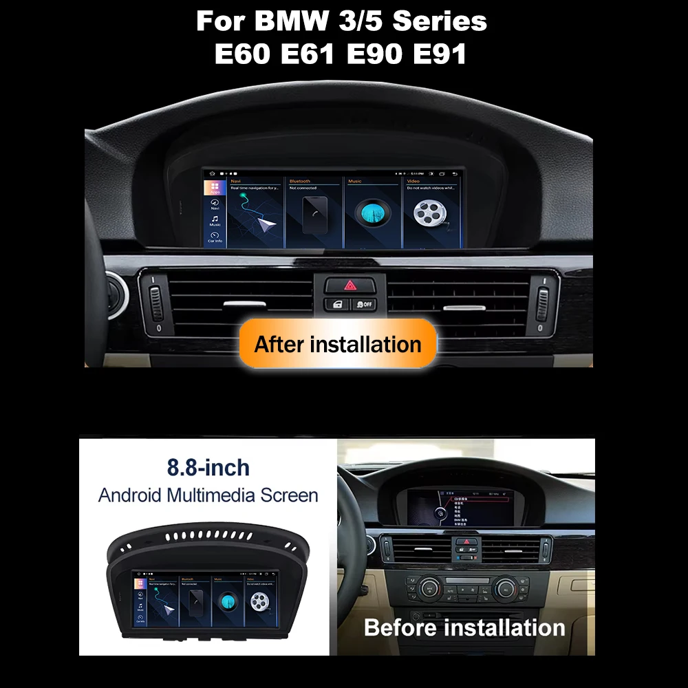 Android Auto CarPlay For BMW 3/5 Series E60 E61 E90 E91 CCC CIC Car Video Players Multimedia Screen GPS 2024 New ID6 ID7 ID8 4G