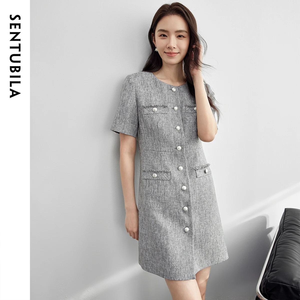 

SENTUBILA Luxury Style Womens Dresses 2025 Spring Elegant Straight Short Sleeve Metal Button Party Evening Mini Dress 151L58297