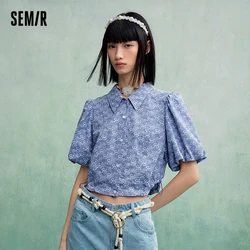 Semir Short Sleeve Shirt Women Short Slim Fit Drawcord 2023 Summer New Embroidered Bubble Sleeve Blouse