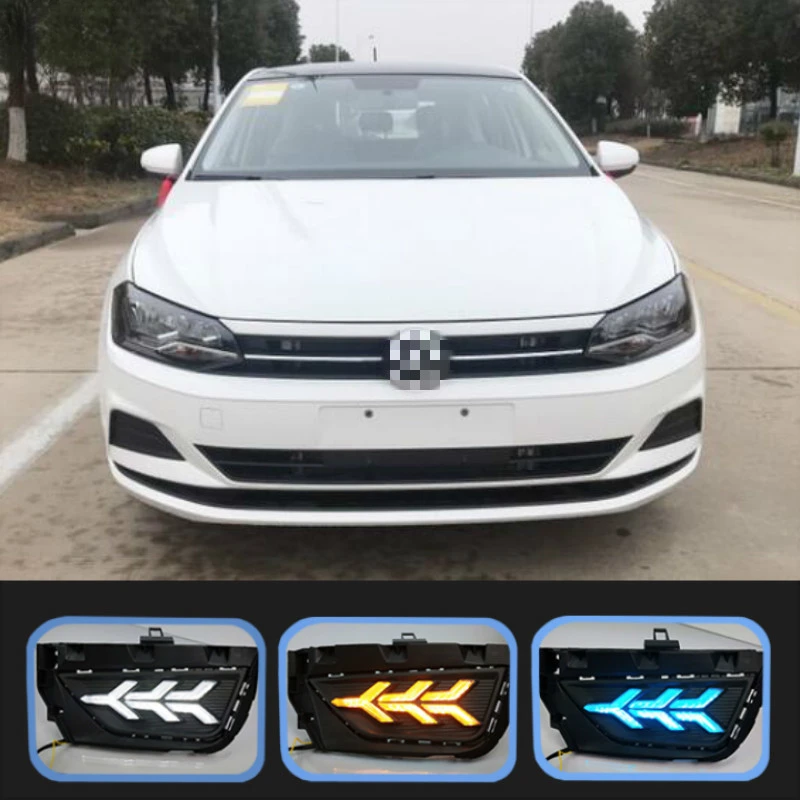 2PCS Car DRL For Volkswagen Polo 2019 2020 LED Daytime Running Light Fog Lamp Sequential Yellow Turn Signal Function