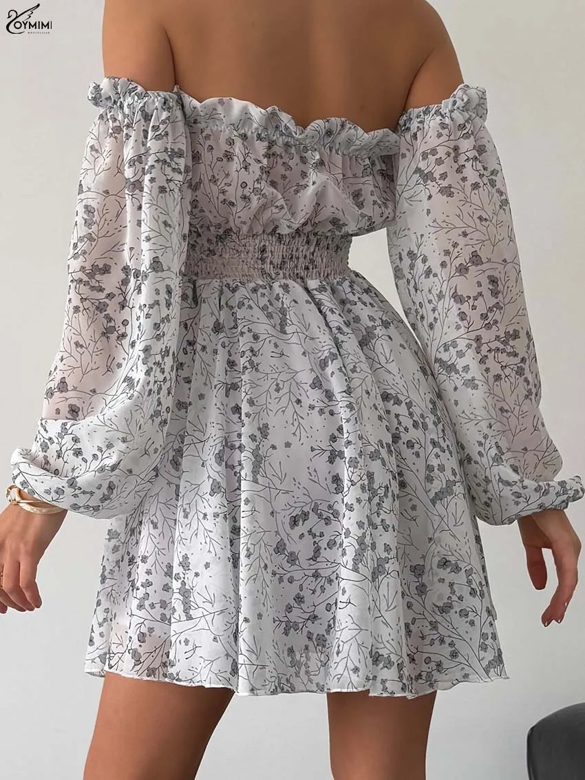 Oymimi Fashion Black Print Dresses 2025 Woman Elegant Strapless Open Back Long Sleeve Dresses Casual High Waist Loose Mini Dress