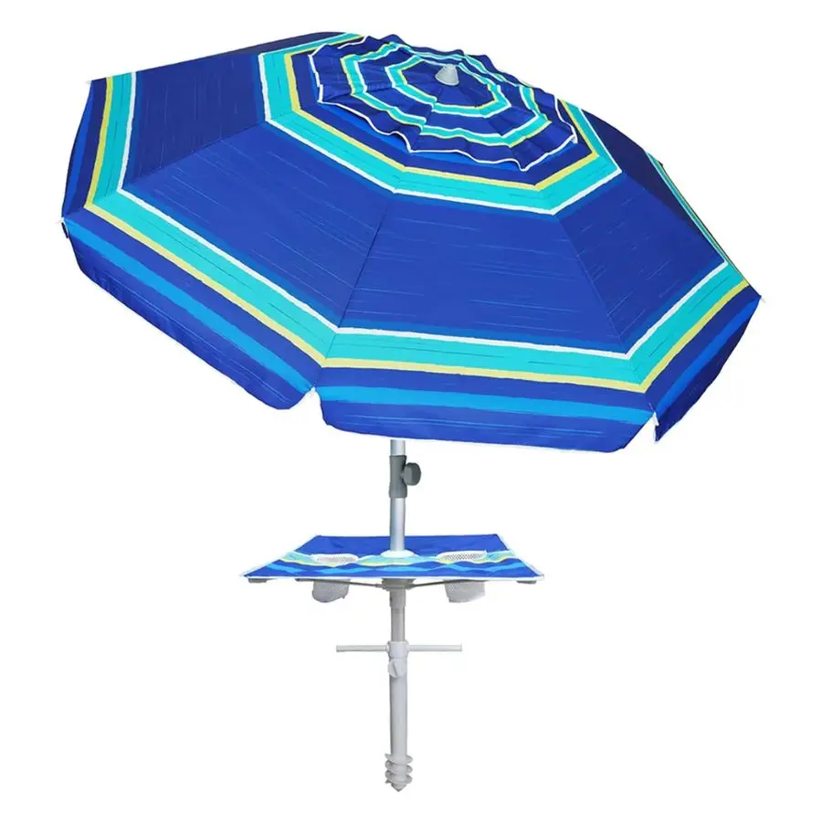 

7ft Heavy Duty High Wind Beach Umbrella with sand anchor, Builtin Table Tray Vent Tilt Pole, UPF 50 Windproof Portable Outdoor U