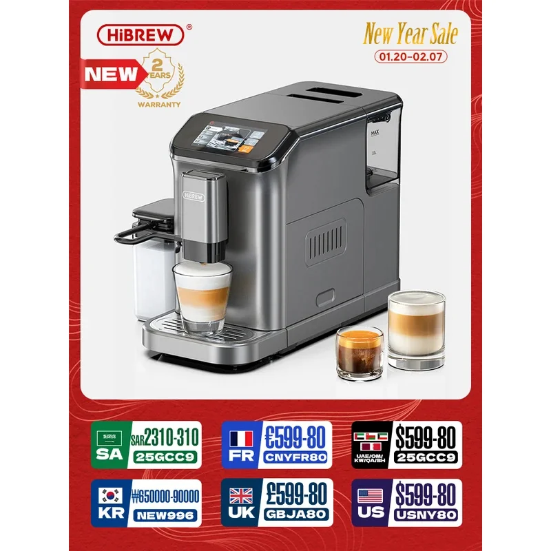 

HiBREW Fully Automatic Espresso Machine Cappuccino Milk System 6 Coffee Varieties Intuitive Touch Display With Grinder H16