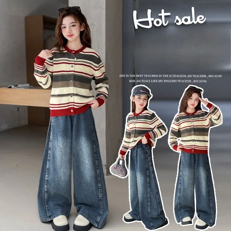 

Girls Cardigan Sweater Fashion Children Striped Treasure Jacket Knitted +Cowboy Wide-leg Pants Two-piece Set Spring Autumn New