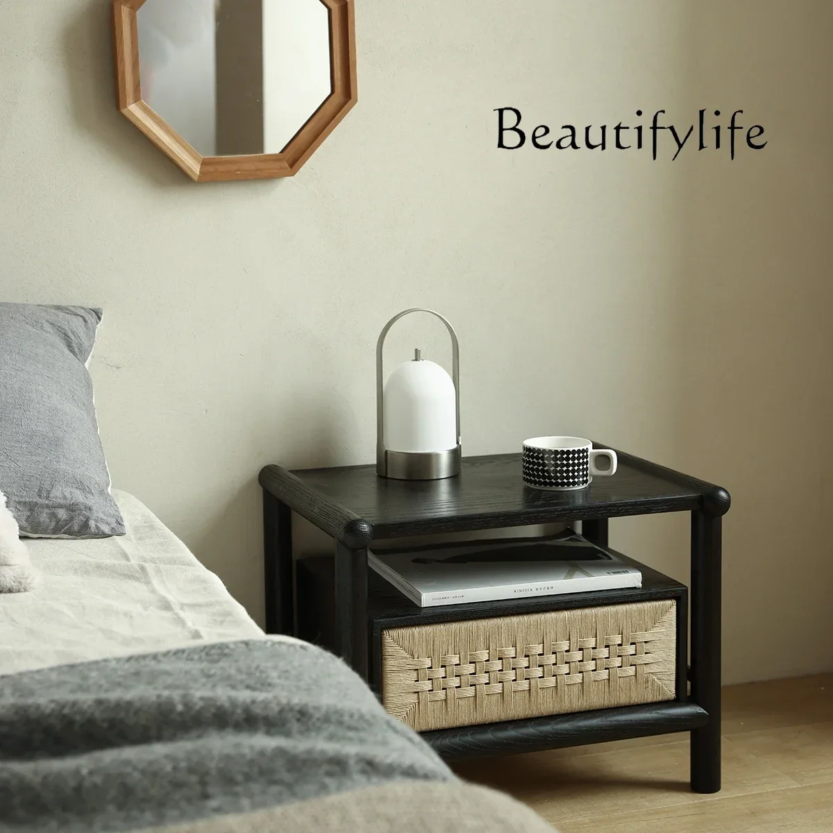 V Japanese Modern Simple Pure Solid Wood Matte Black Bedside Table Light Luxury Retro Style Black Bedside Table Wabi Sandy Style