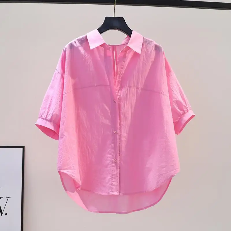 New Summer Short Sleeve Solid Loose Shirts Women Elegant Vintage Harajuku Pure Cotton and Linen Blouses and Casual Tops A86