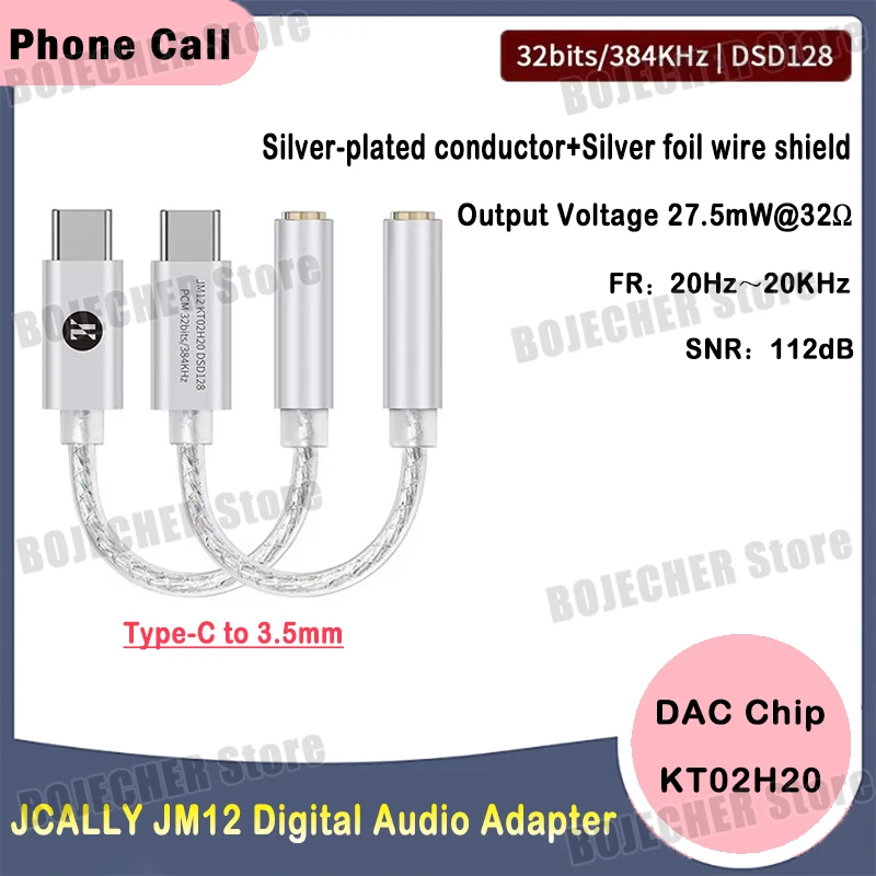 Jcally jm12 adaptador de áudio digital dac chip kt02h20 decodificador de áudio hi-fi tipo-c para 3.5mm amplificador de fone de ouvido 32bits/384kh dsd128