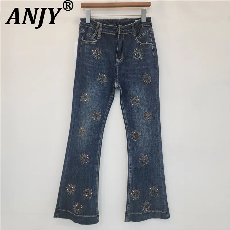 Anjy outono inverno novas mulheres americanas lavadas estiramento diamantes moda jeans retos ins tendência casual elegante calças jeans a16129
