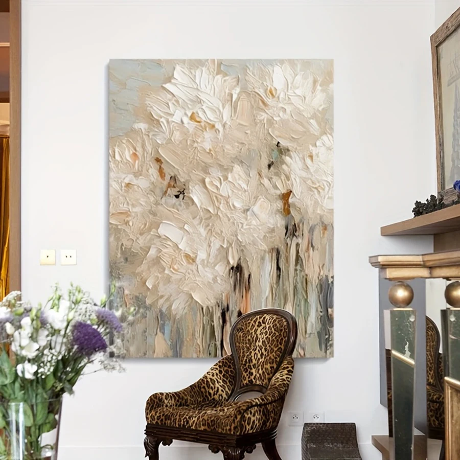 No Framed French Cream Style Abstract Floral Theme Abstract  Painting, Wabi-Sabi Style Decorative Three-dimensional Painting, Li