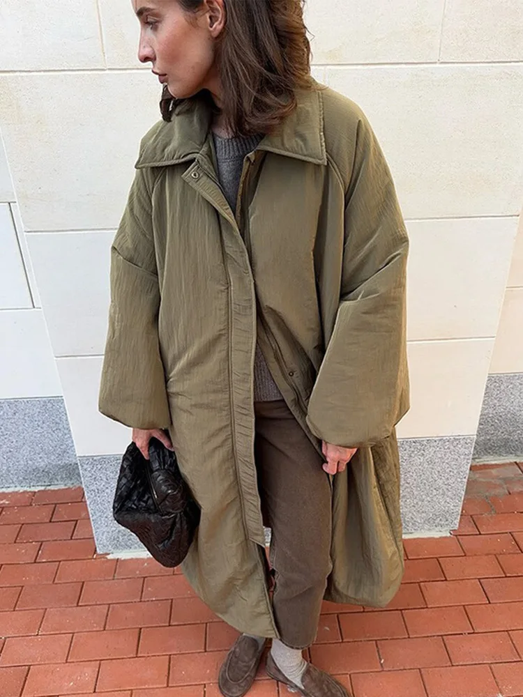 HH レディース ルーズ ターンダウンカラー コート 無地 ポケット付き 女性用 ファッション ボタン ジッパー 長袖 ロング 綿入り 冬用ジャケット