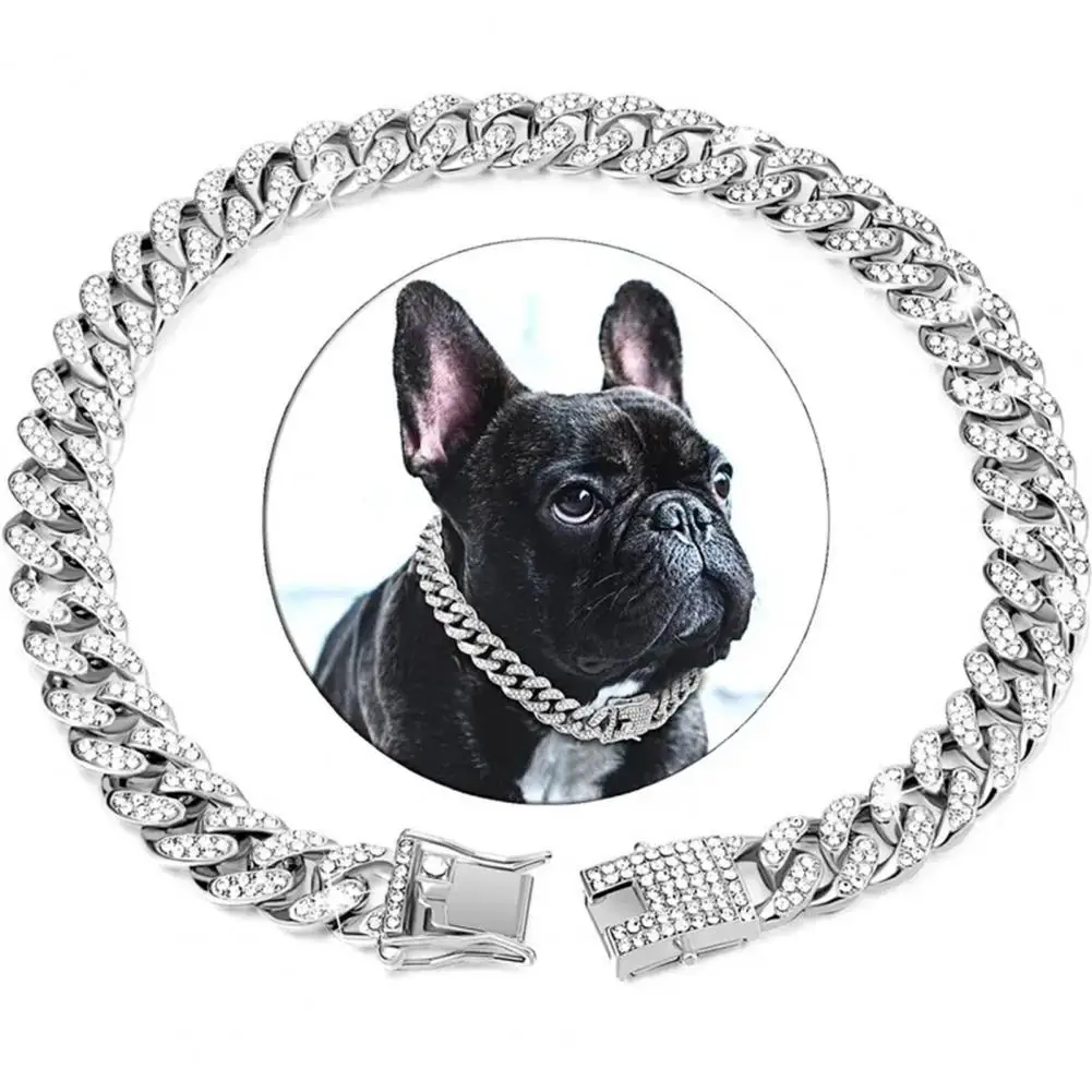 

Pet Dog Cuban Chain Collar Wide Sparkling Rhinestones Dog Necklace with Secure Buckle Small Medium Large Dog Jewelry Accessories