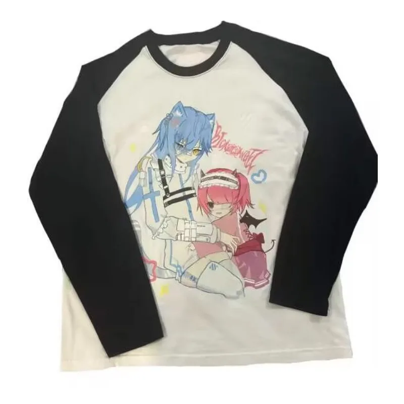 Long Sleeve Japanese Y2K Female Cute Subculture Shirt Loose 2024 Spring Anime Print Top Black White Patchwork Casual Shirts