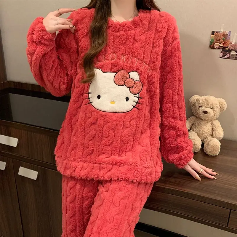 Pijamas de terciopelo Coral de Hello Kitty para niñas, Tops de manga larga, pijamas gruesos de terciopelo para otoño e invierno, pantalones cálidos para estudiantes, ropa para el hogar