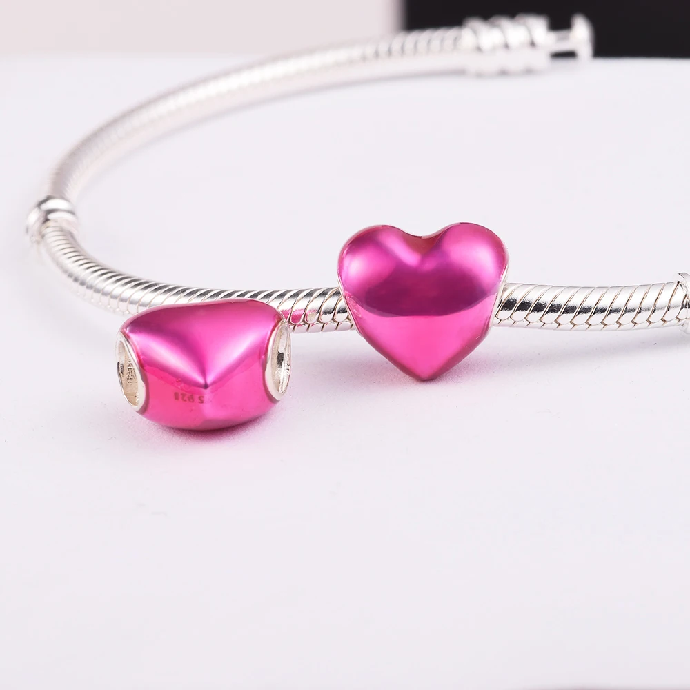 

DIY Beads For Jewelry Making Metallic Pink Heart Charm Fits European Original Bracelets Sterling Silver Jewelry Bead