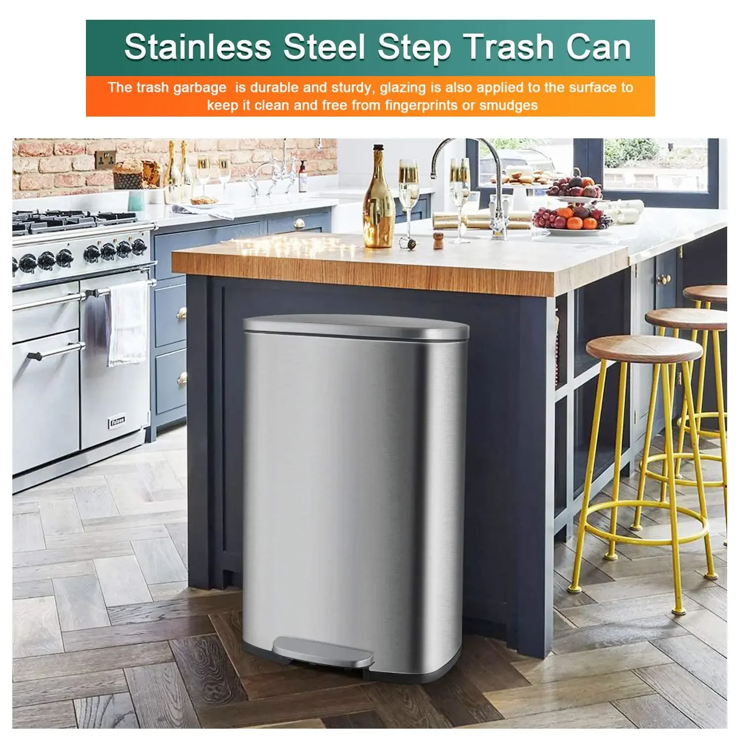 13 Gallon Stainless Steel Trash Can, Step Kitchen Garbage Can with Lid & Removable Inner Bucket, 50 Liter Pedal Metal Rubbish